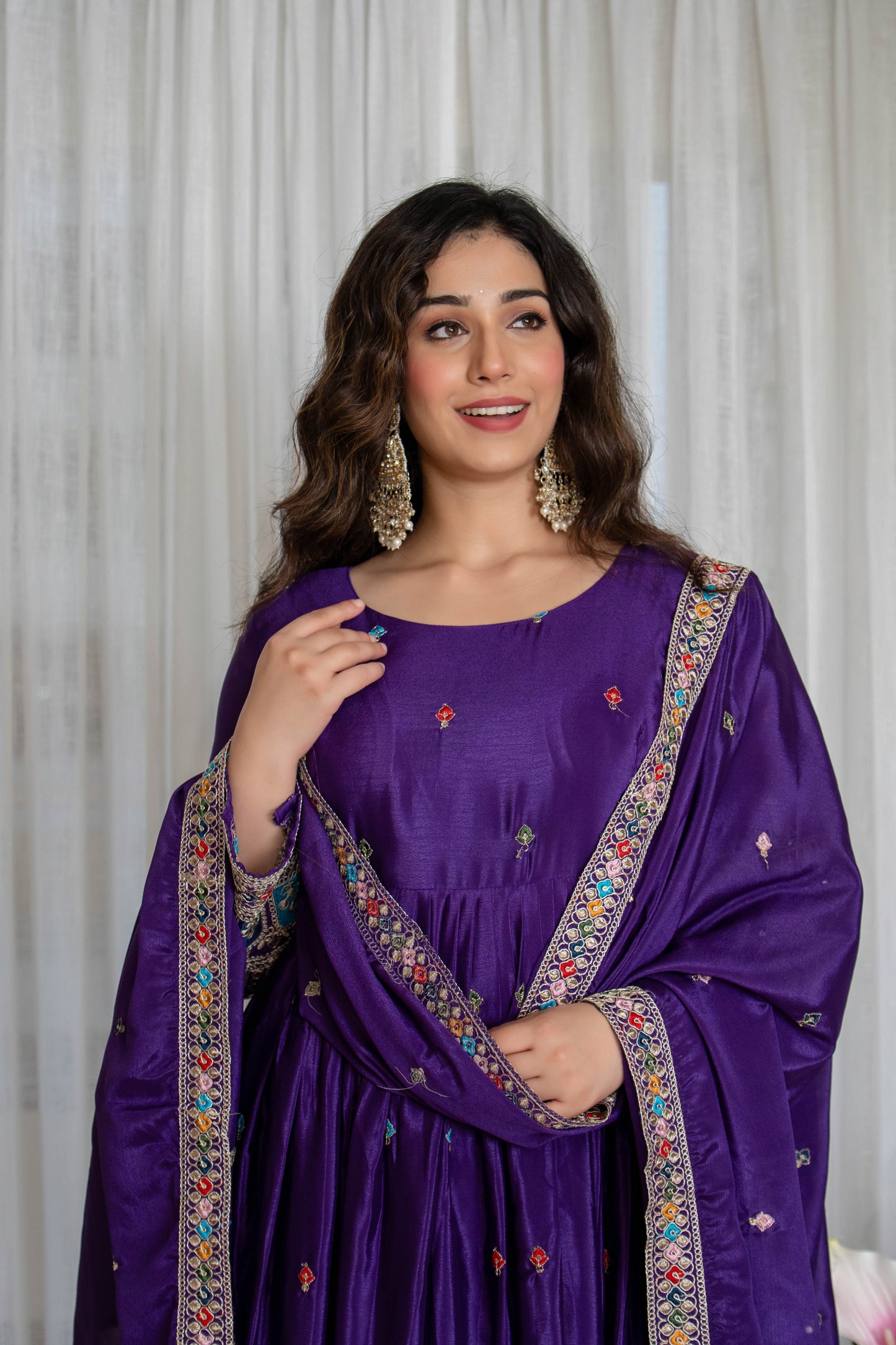 Purple Pure Chinnon Silk Embroidered Gown Set with Pant and Matching Dupatta