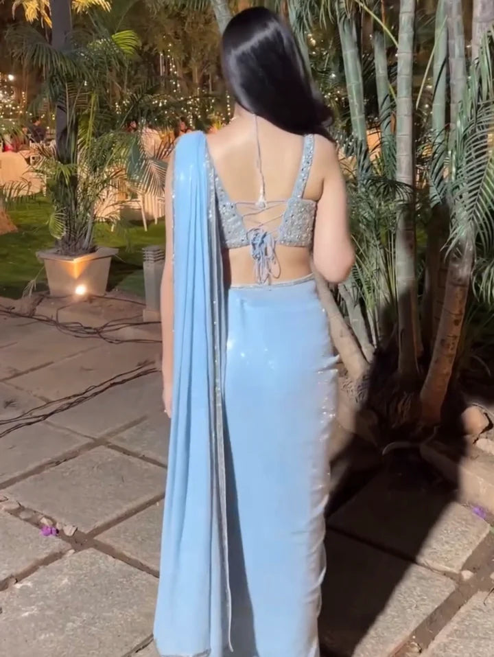 Icy Blue Ready To Wear Sequin Saree for Party & Reception