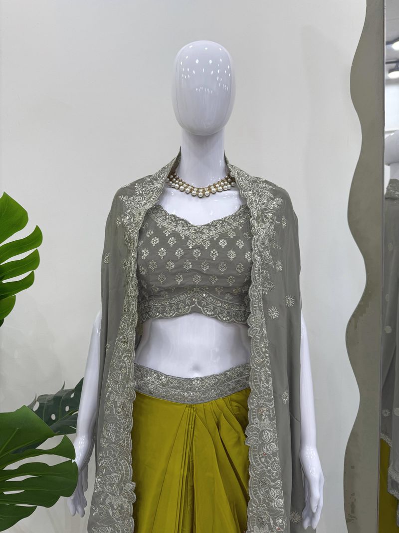 Multicolour american crap thread with sequence edam to wear dhoti style with shrug and unstitch choli