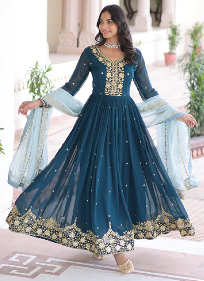 Georgette Sequence Embroidered Teal Blue Gown With Dupatta