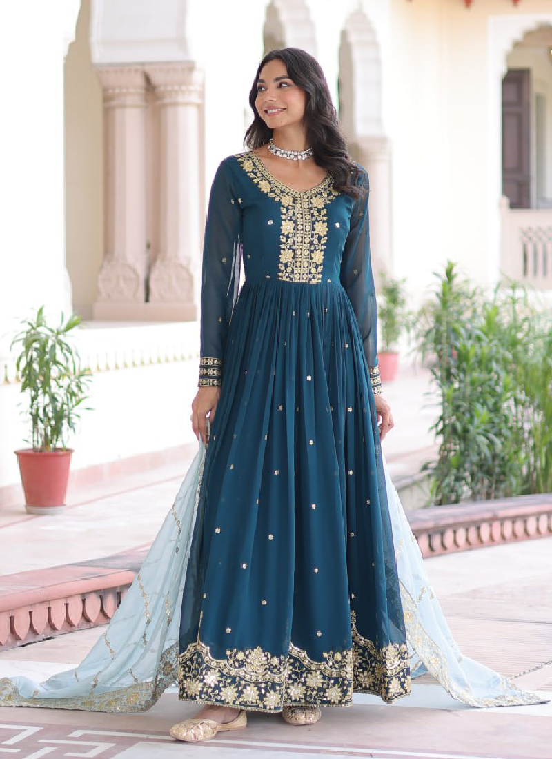 Georgette Sequence Embroidered Teal Blue Gown With Dupatta