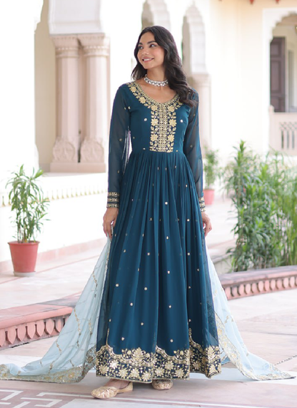 Georgette Sequence Embroidered Teal Blue Gown With Dupatta
