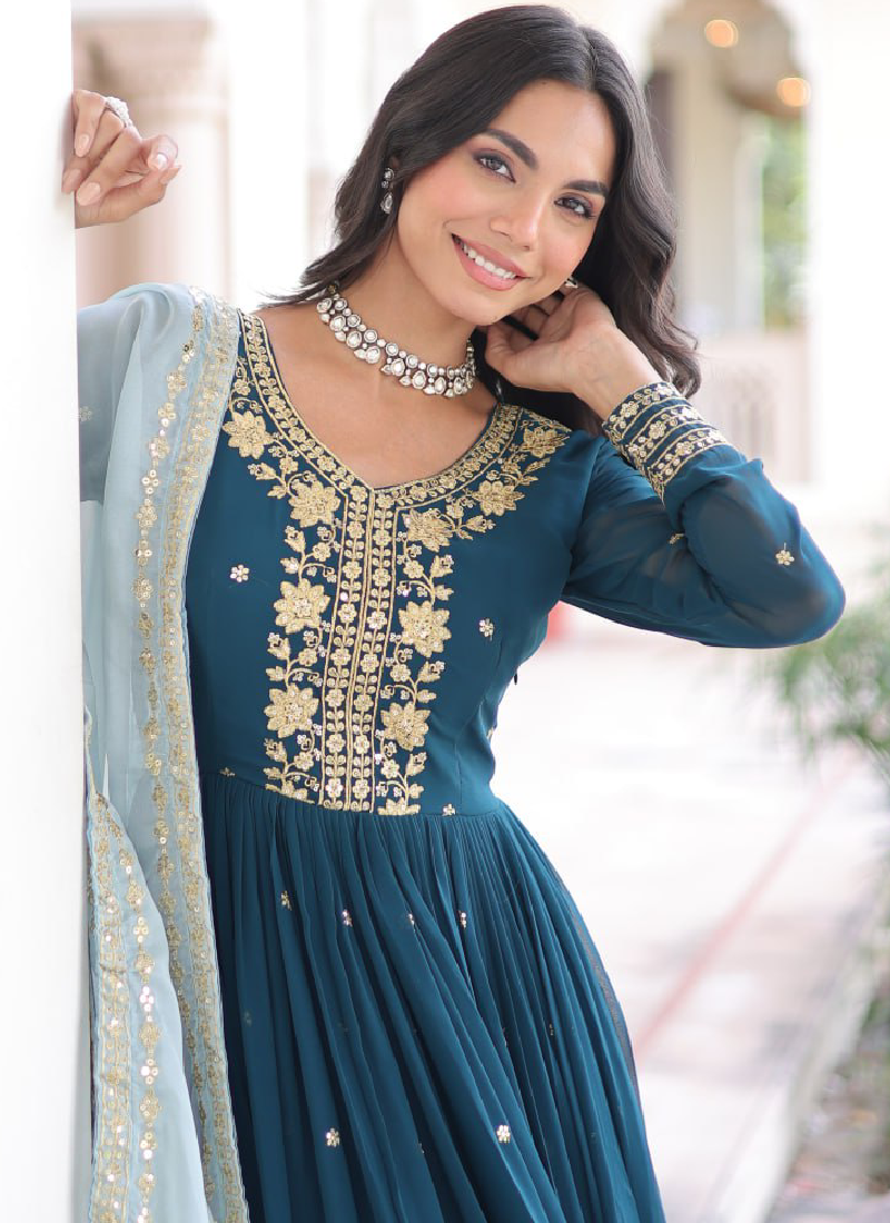 Georgette Sequence Embroidered Teal Blue Gown With Dupatta