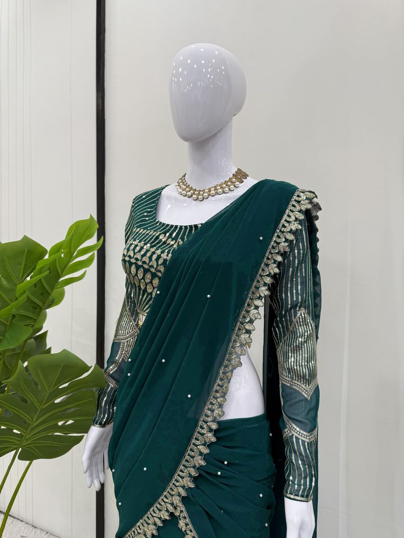Dark green foux georgette thread with sequence with border raday to wear lehenga saree
