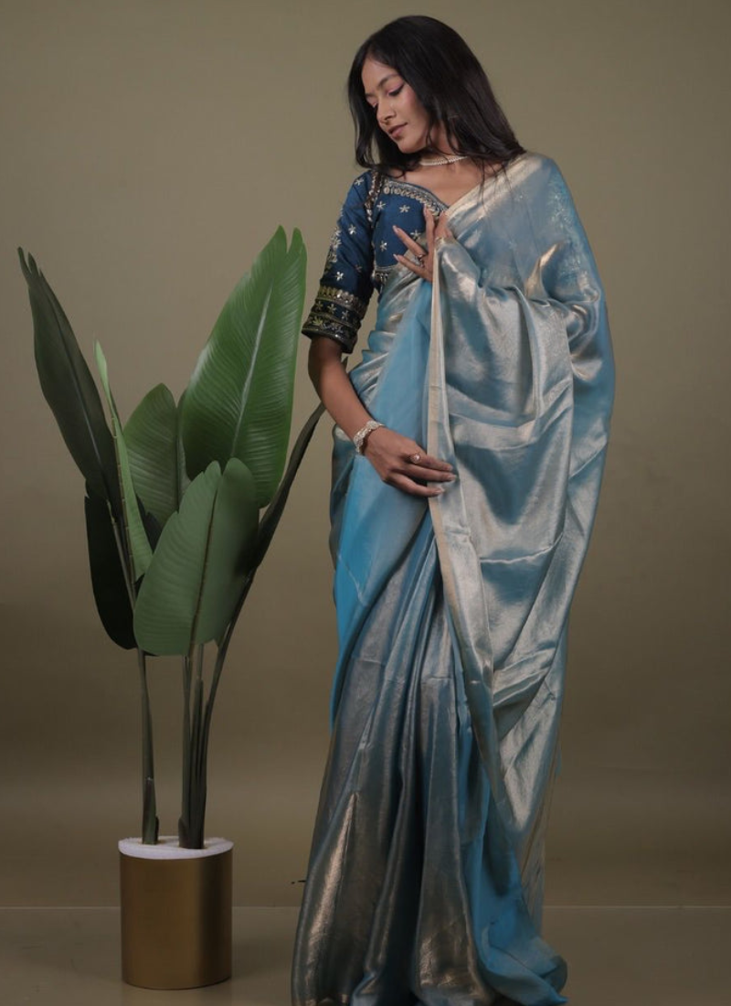 Organza Light Blue Saree With Sequence Embroidered Blouse