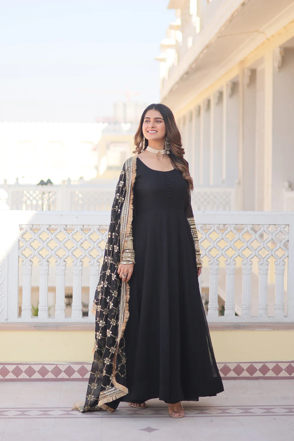 Black Faux Blooming Gown with Dupatta With Attractive Embroidered Sequins work with Lace Border