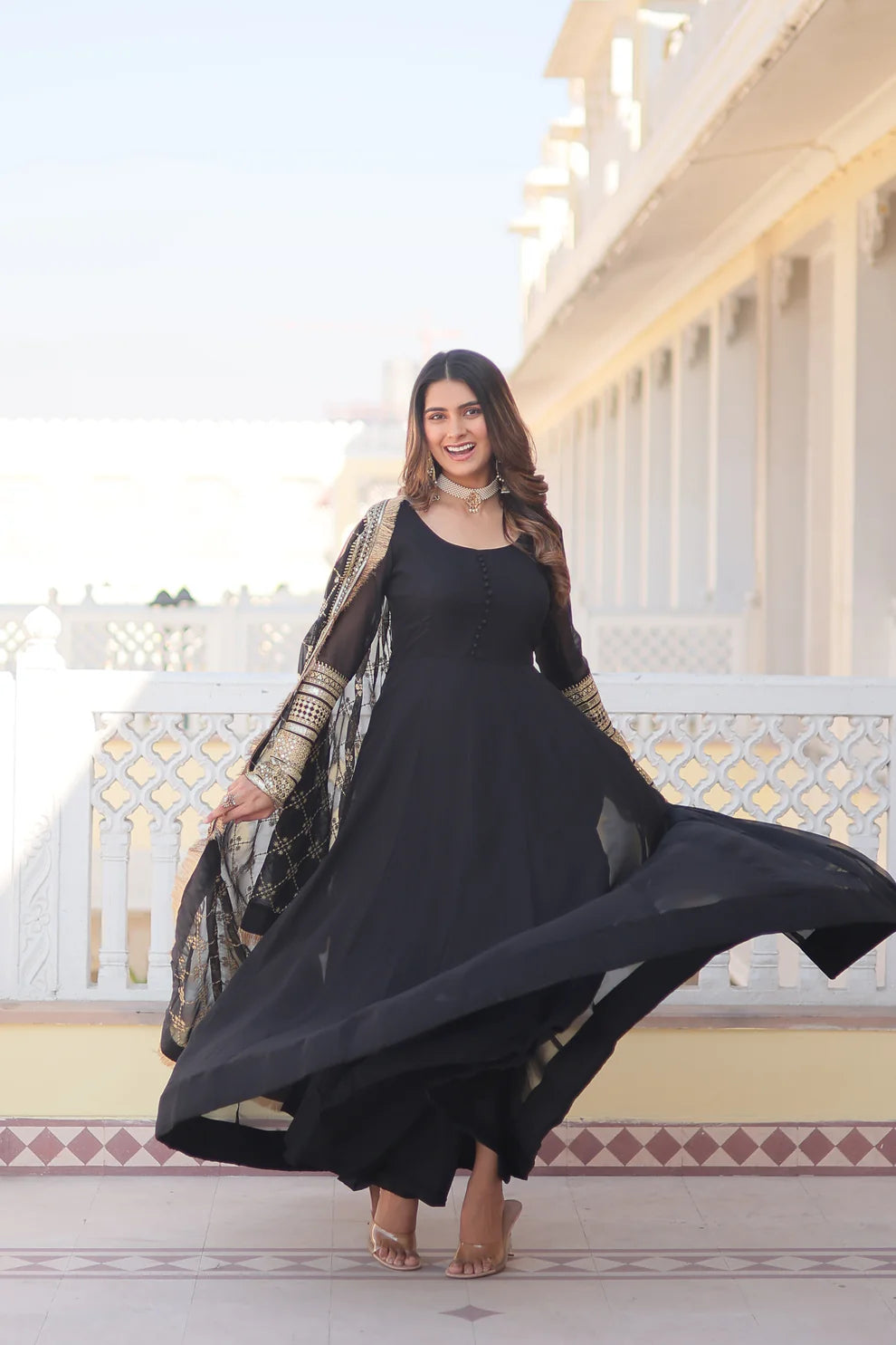 Black Faux Blooming Gown with Dupatta With Attractive Embroidered Sequins work with Lace Border