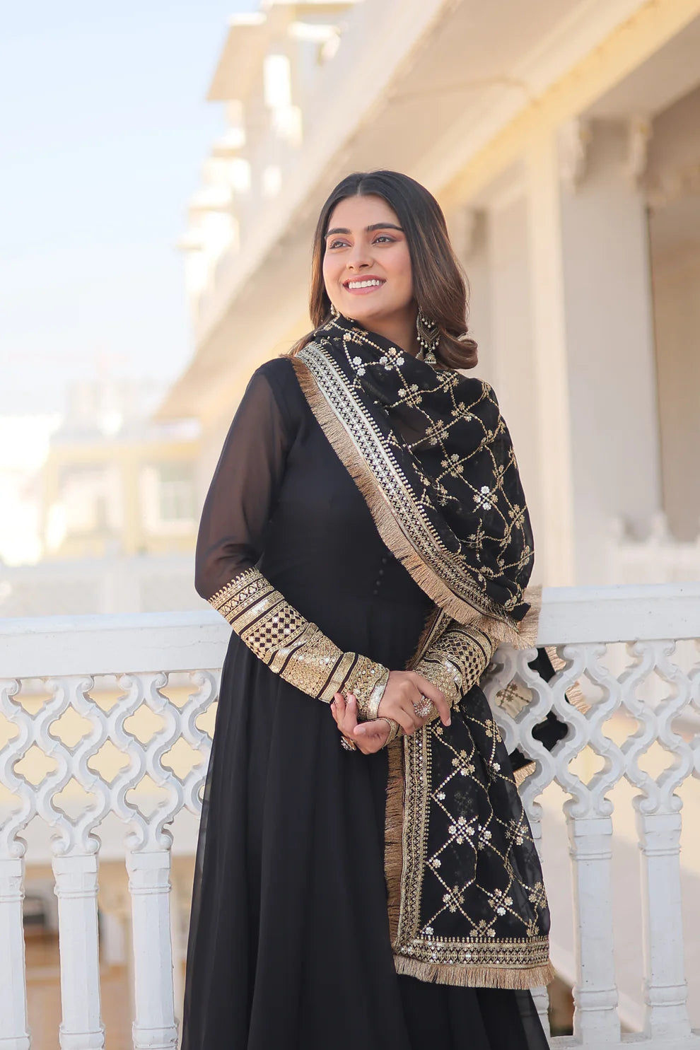 Black Faux Blooming Gown with Dupatta With Attractive Embroidered Sequins work with Lace Border