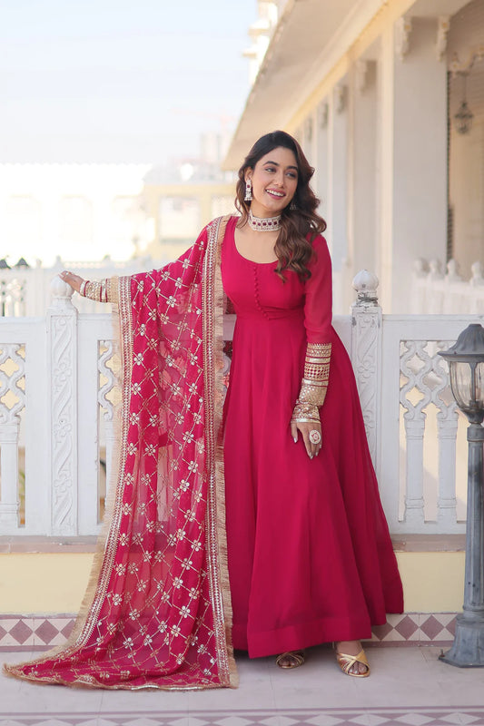 Red Faux Blooming Gown with Dupatta With Attractive Embroidered Sequins work with Lace Border