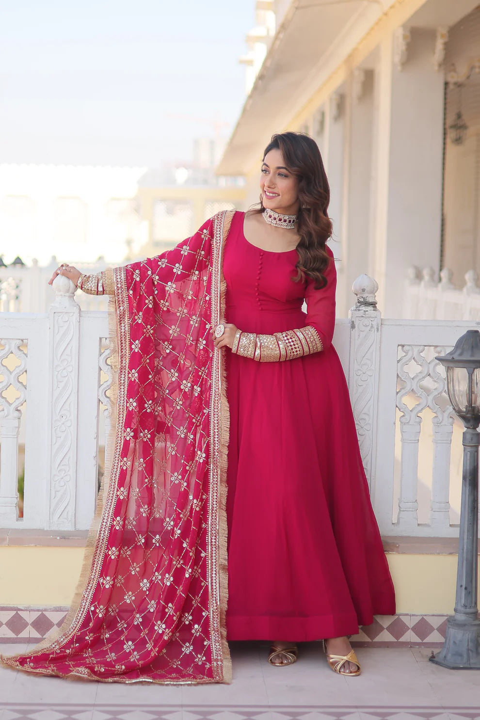 Red Faux Blooming Gown with Dupatta With Attractive Embroidered Sequins work with Lace Border