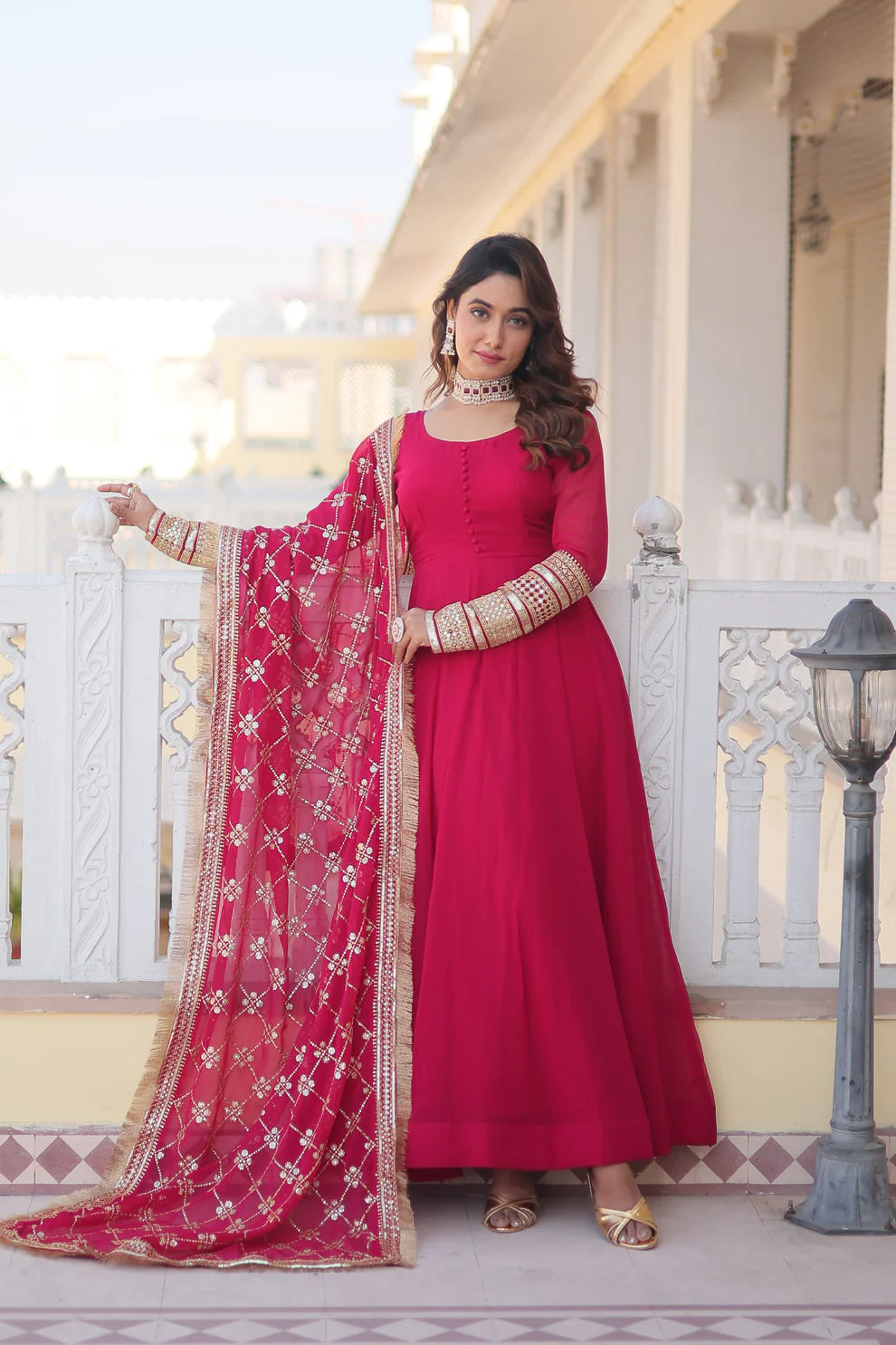 Red Faux Blooming Gown with Dupatta With Attractive Embroidered Sequins work with Lace Border