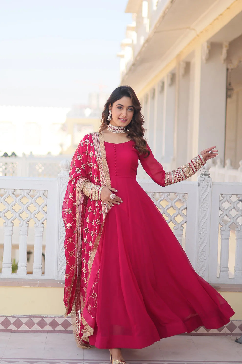 Red Faux Blooming Gown with Dupatta With Attractive Embroidered Sequins work with Lace Border