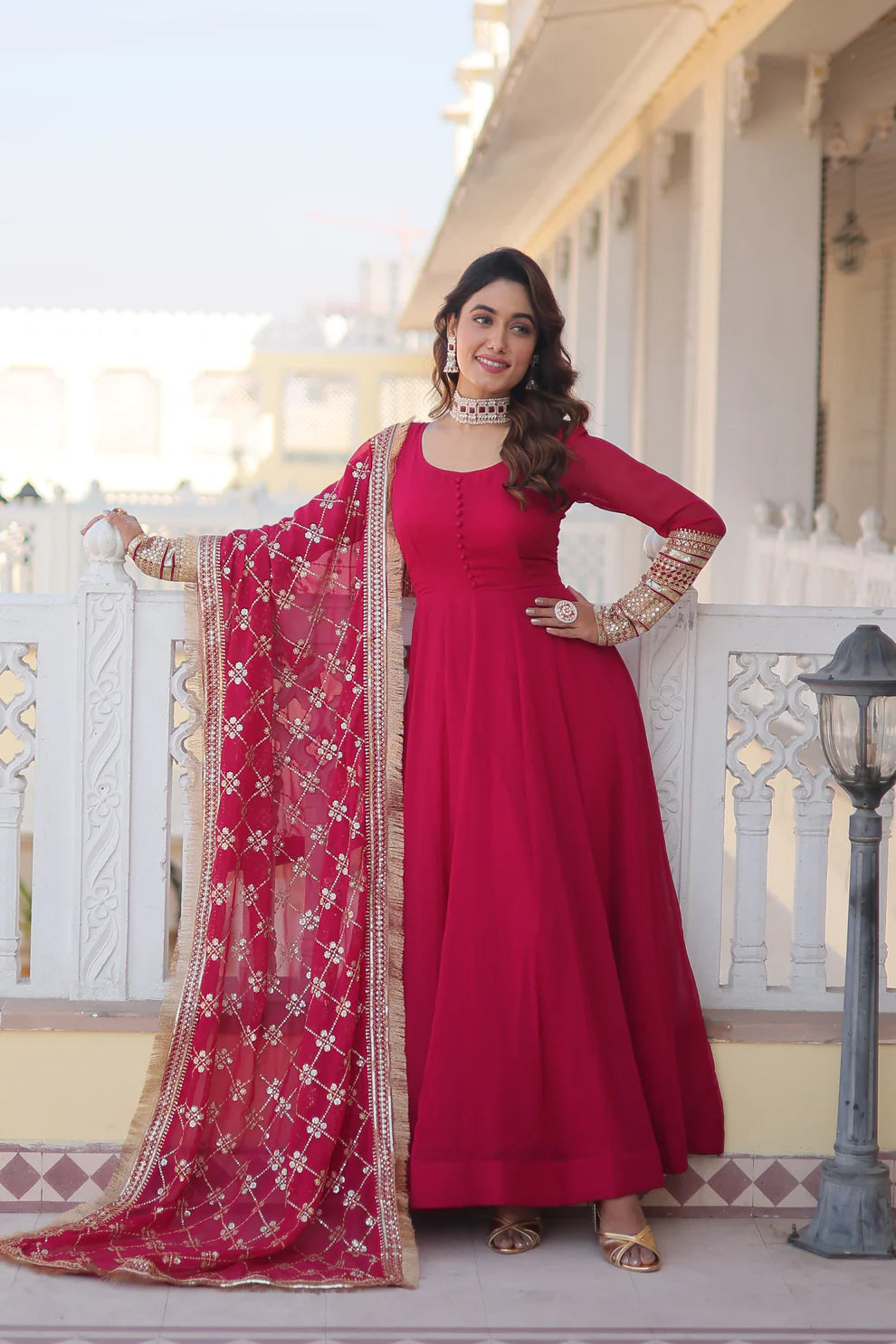 Red Faux Blooming Gown with Dupatta With Attractive Embroidered Sequins work with Lace Border