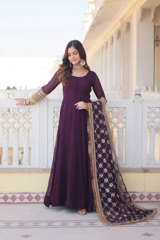 Purple Faux Blooming Gown with Dupatta With Attractive Embroidered Sequins work with Lace Border