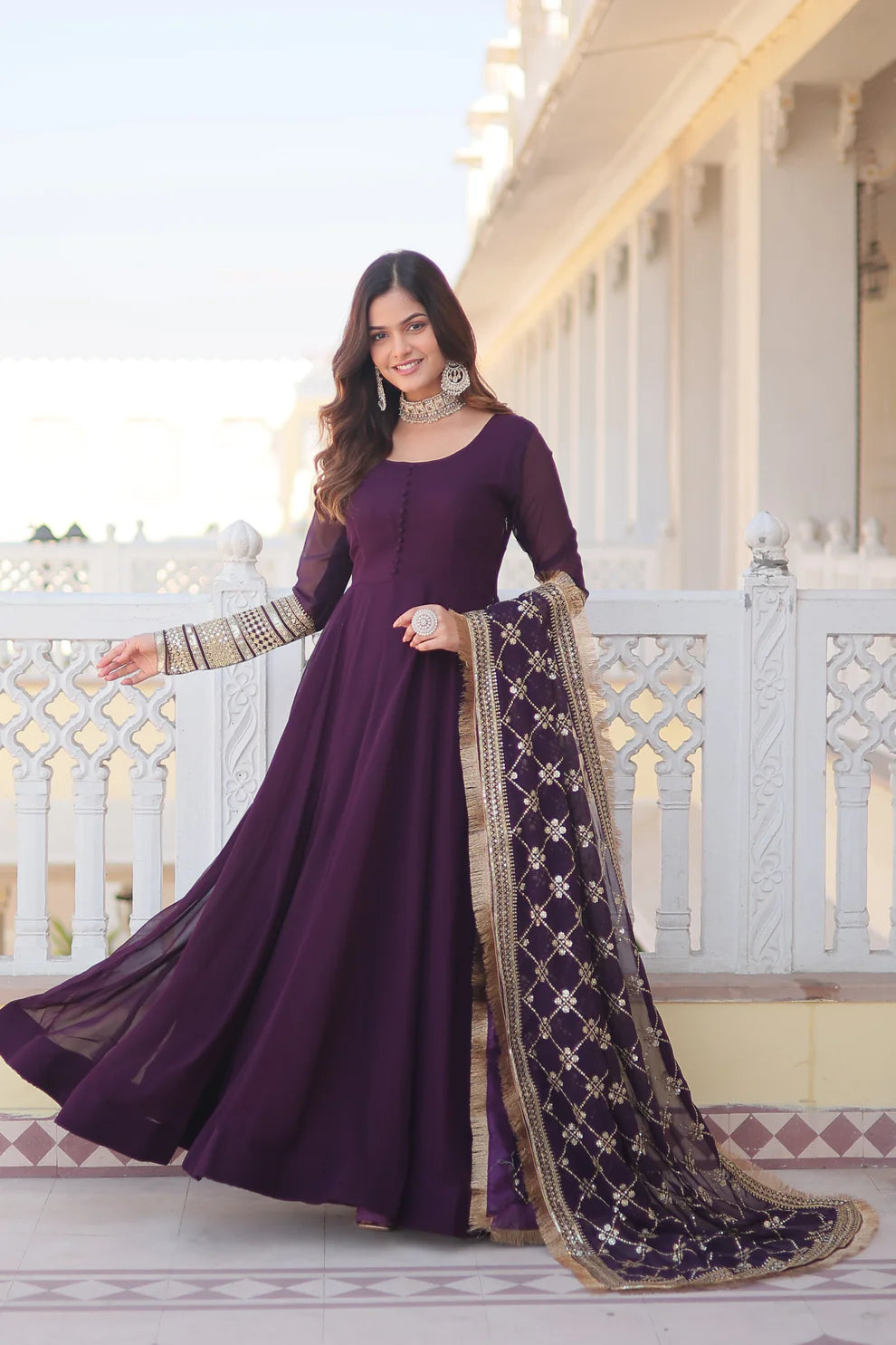 Purple Faux Blooming Gown with Dupatta With Attractive Embroidered Sequins work with Lace Border