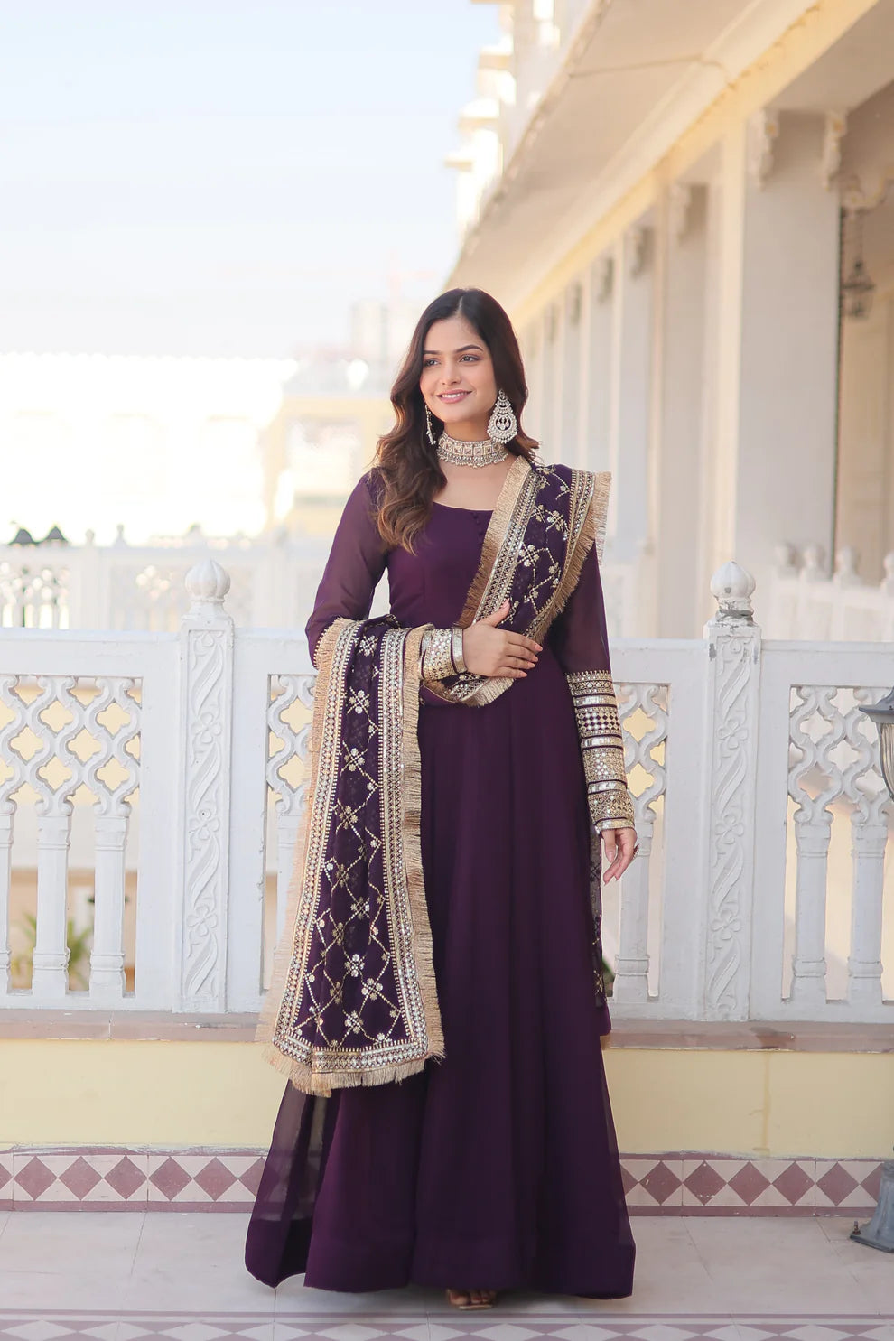 Purple Faux Blooming Gown with Dupatta With Attractive Embroidered Sequins work with Lace Border