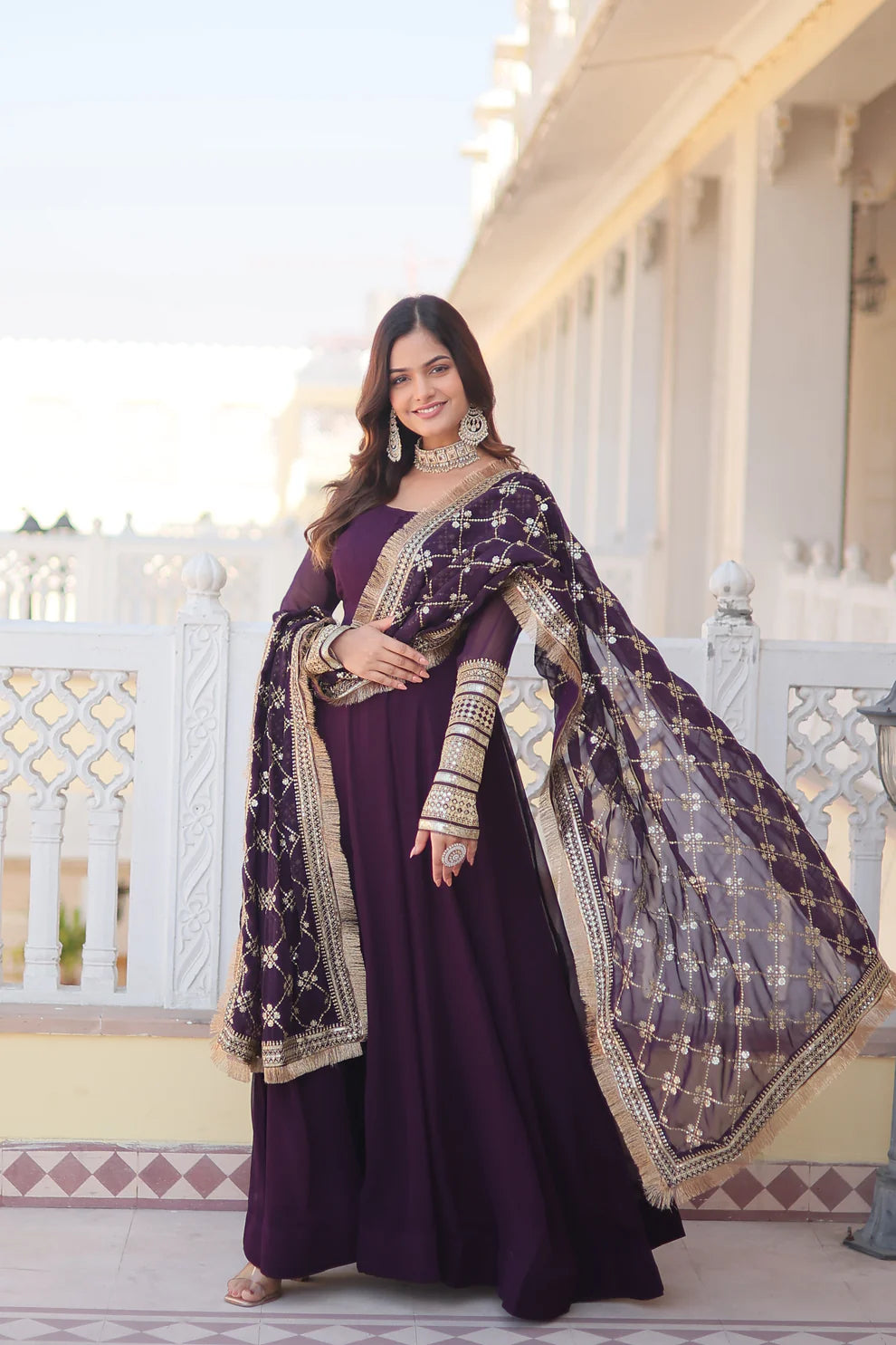 Purple Faux Blooming Gown with Dupatta With Attractive Embroidered Sequins work with Lace Border