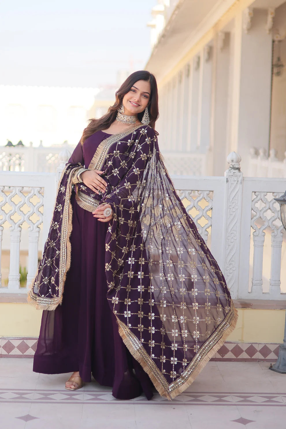 Purple Faux Blooming Gown with Dupatta With Attractive Embroidered Sequins work with Lace Border