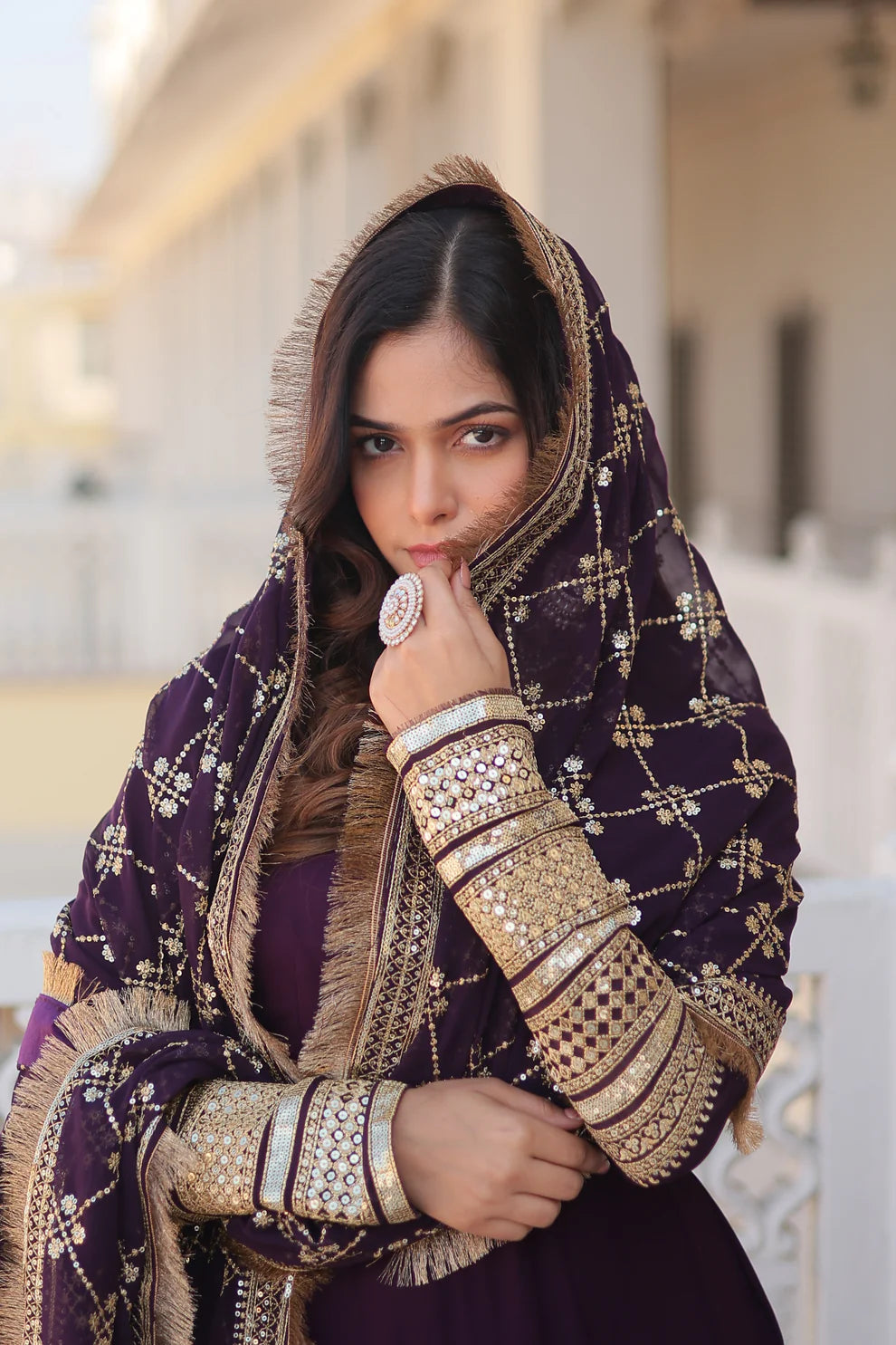 Purple Faux Blooming Gown with Dupatta With Attractive Embroidered Sequins work with Lace Border