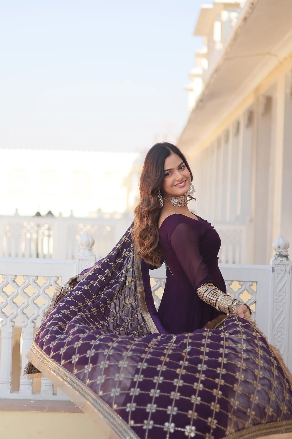 Purple Faux Blooming Gown with Dupatta With Attractive Embroidered Sequins work with Lace Border