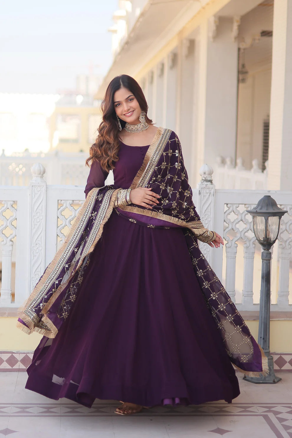 Purple Faux Blooming Gown with Dupatta With Attractive Embroidered Sequins work with Lace Border