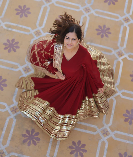 Red Premium Faux Blooming Sequence Embroidered Gown With Dupatta Set