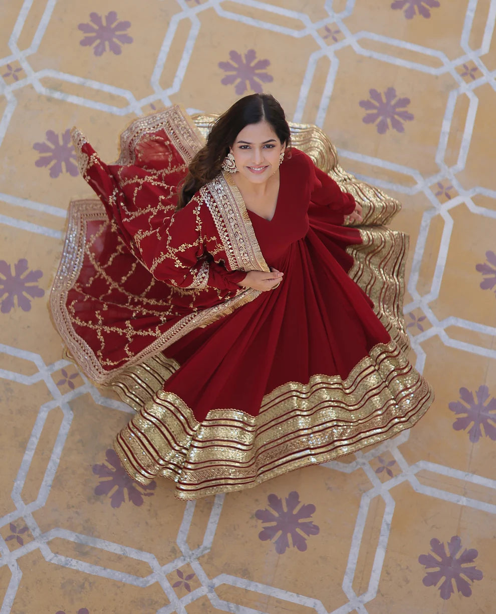 Red Premium Faux Blooming Sequence Embroidered Gown With Dupatta Set