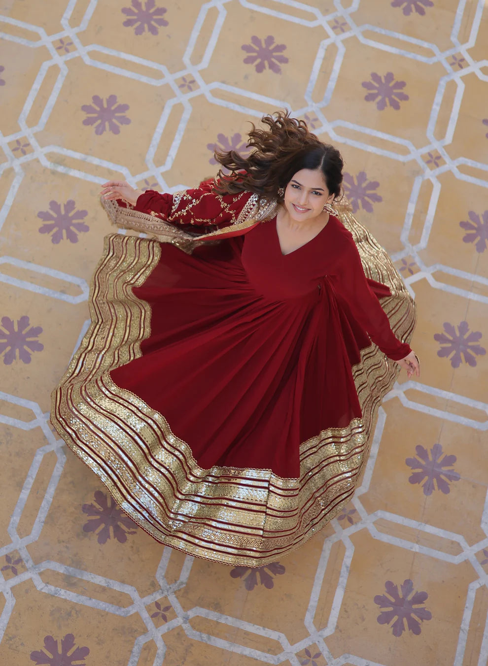 Red Premium Faux Blooming Sequence Embroidered Gown With Dupatta Set