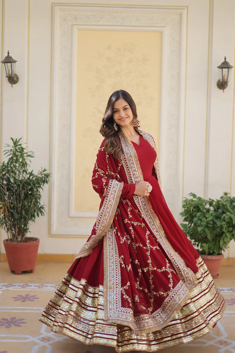 Red Premium Faux Blooming Sequence Embroidered Gown With Dupatta Set
