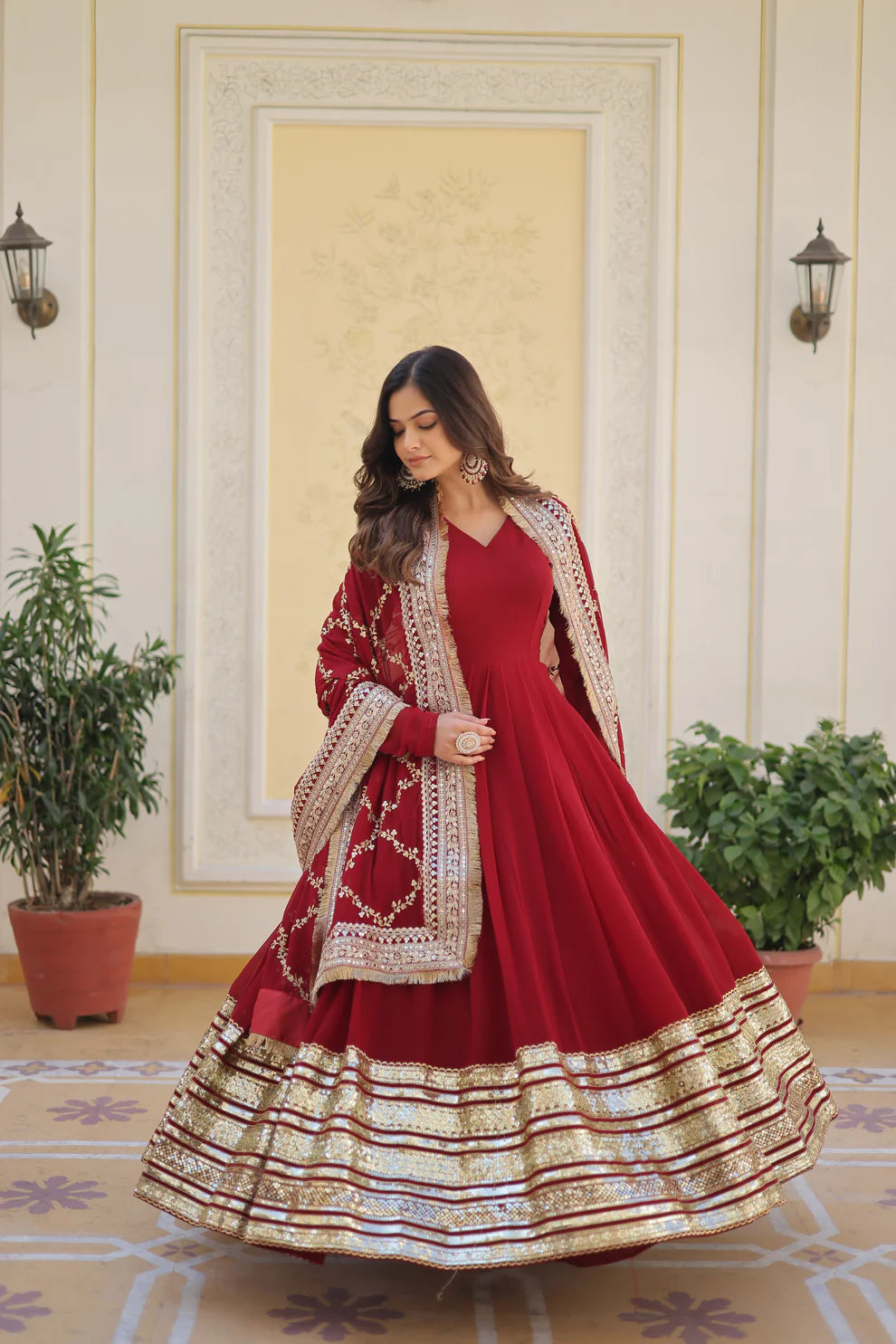 Red Premium Faux Blooming Sequence Embroidered Gown With Dupatta Set