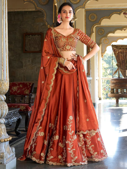 Orange Thread Embroidery Silk Wedding Wear Lehenga Choli