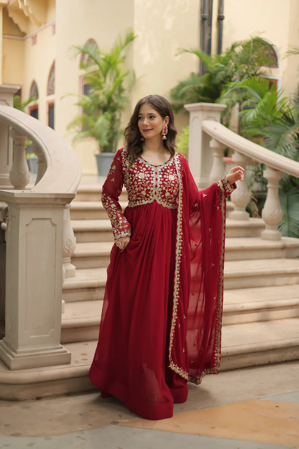 Maroon Festival Special Sequins Embroidered Gown With Dupatta