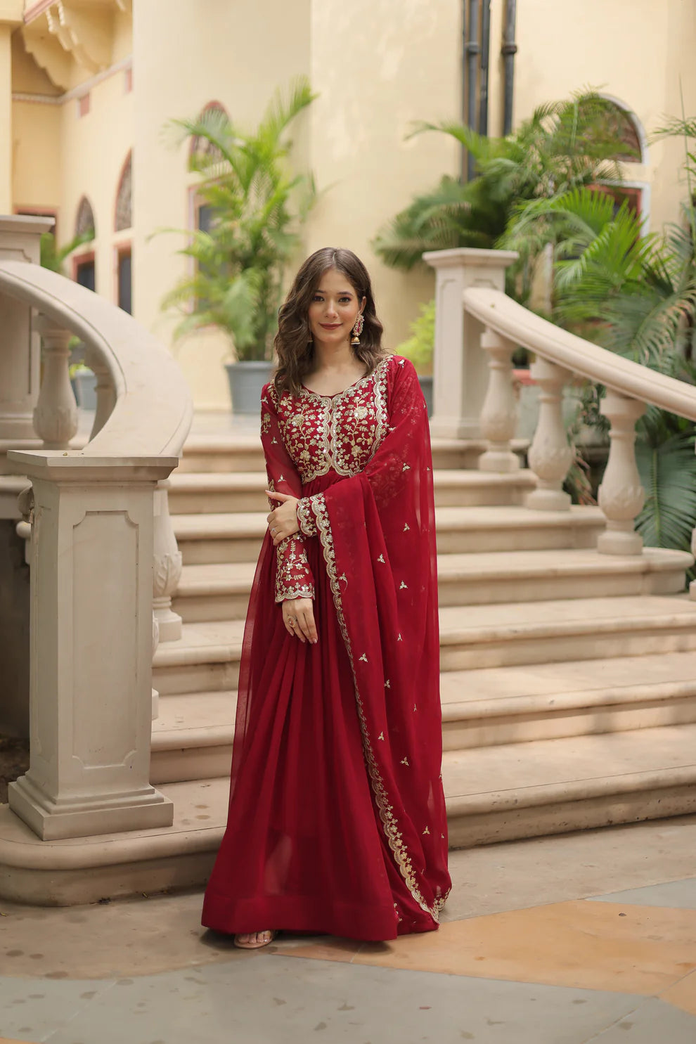 Maroon Festival Special Sequins Embroidered Gown With Dupatta