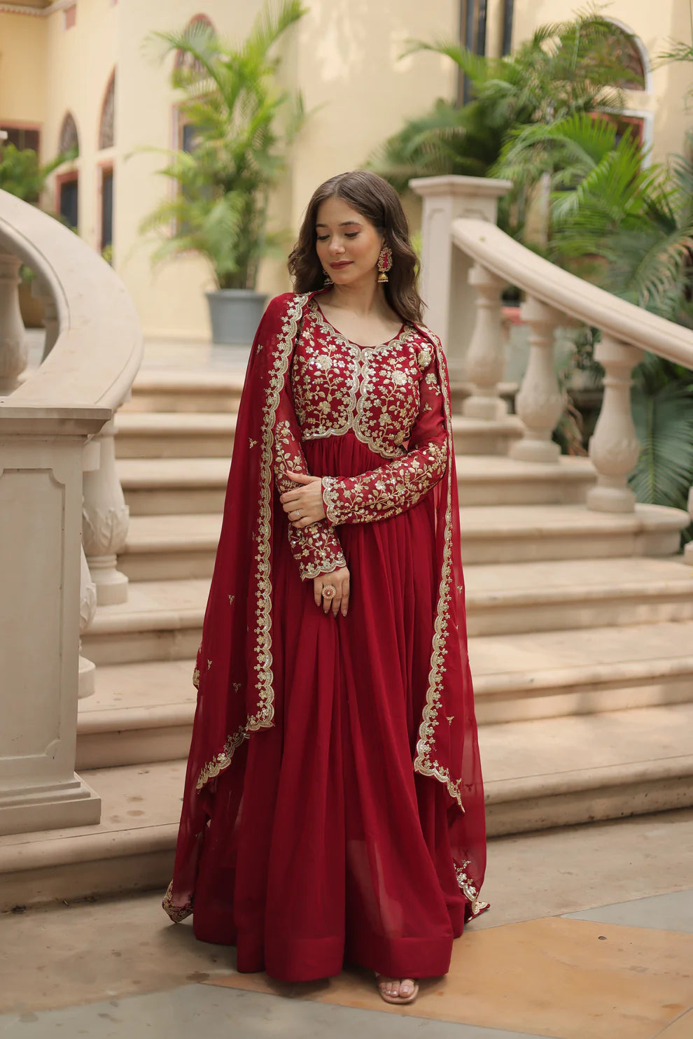Maroon Festival Special Sequins Embroidered Gown With Dupatta