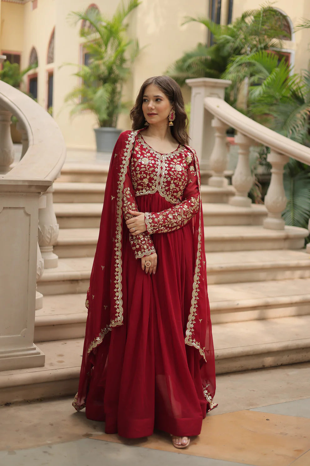 Maroon Festival Special Sequins Embroidered Gown With Dupatta