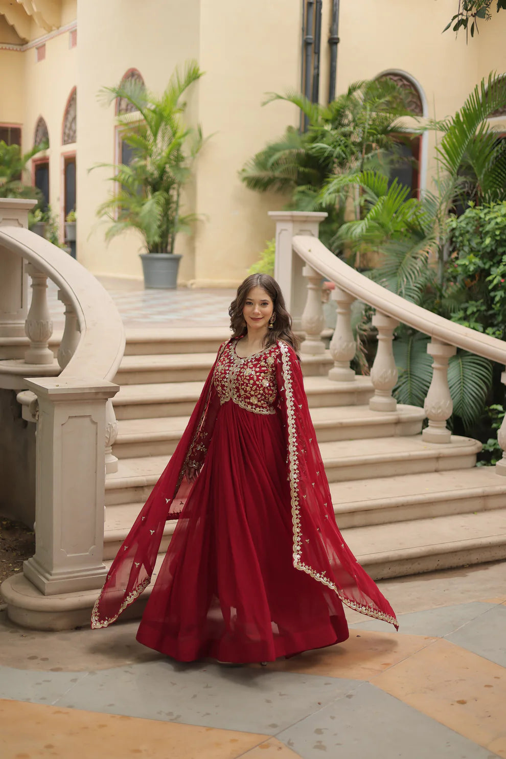Maroon Festival Special Sequins Embroidered Gown With Dupatta