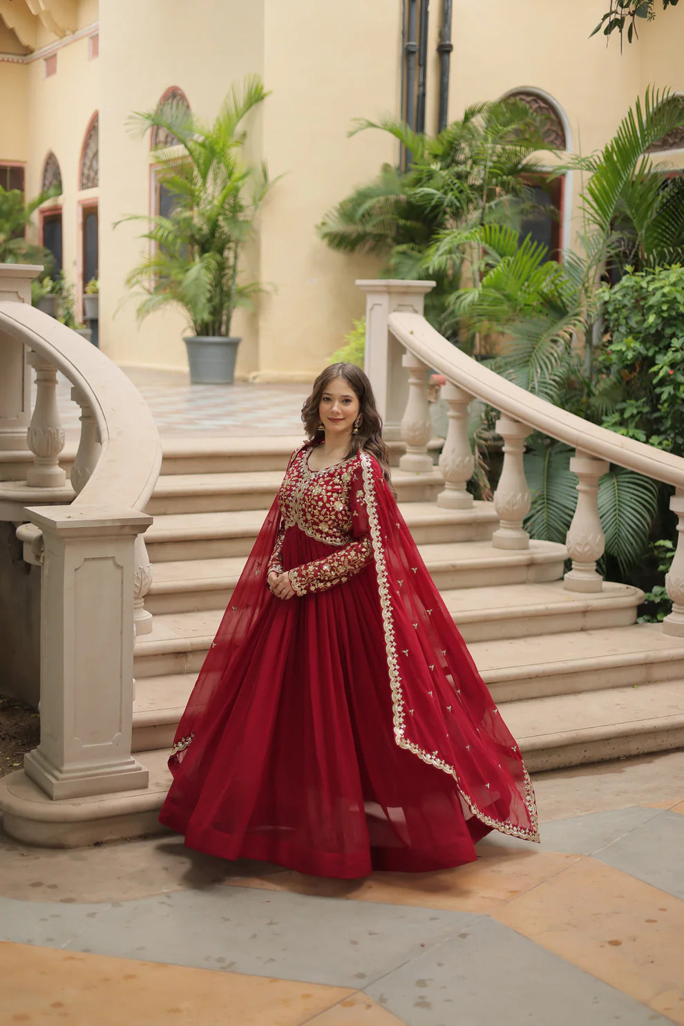 Maroon Festival Special Sequins Embroidered Gown With Dupatta
