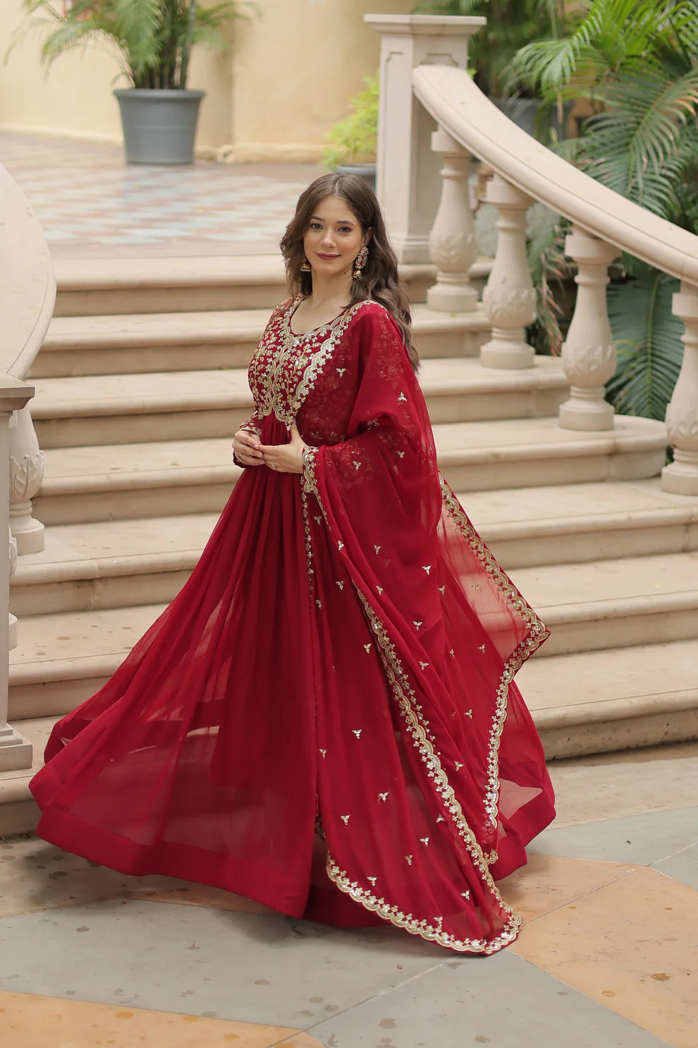 Maroon Festival Special Sequins Embroidered Gown With Dupatta