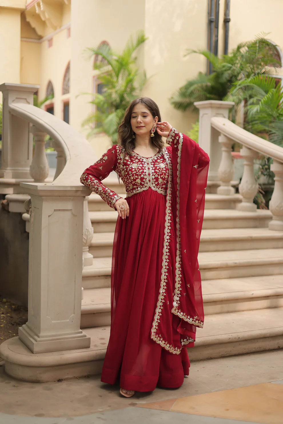 Maroon Festival Special Sequins Embroidered Gown With Dupatta