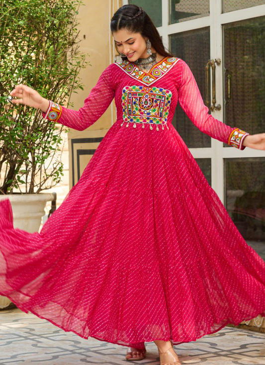 Laheriya Printed Gamthi Work Georgette Pink Gown