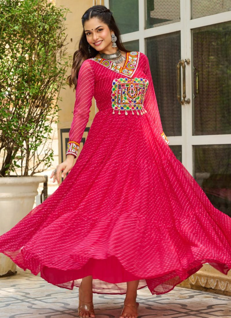 Laheriya Printed Gamthi Work Georgette Pink Gown