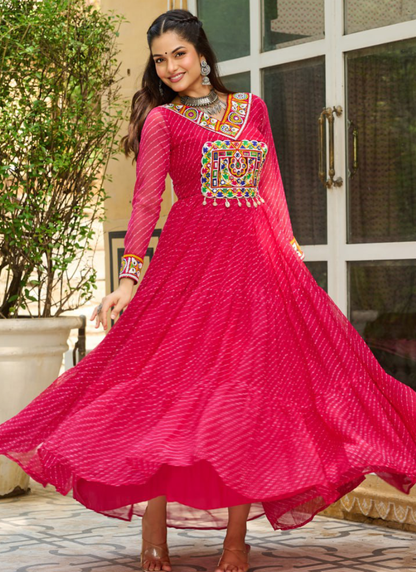 Laheriya Printed Gamthi Work Georgette Pink Gown