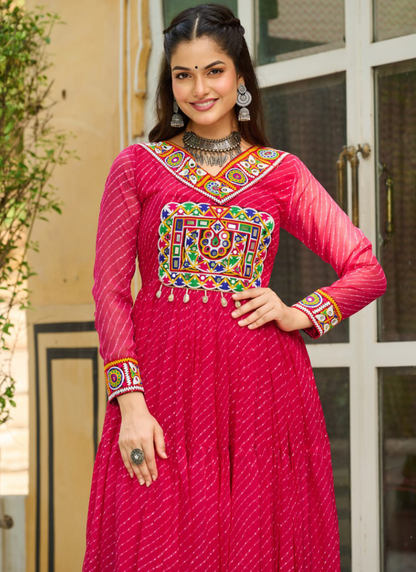 Laheriya Printed Gamthi Work Georgette Pink Gown
