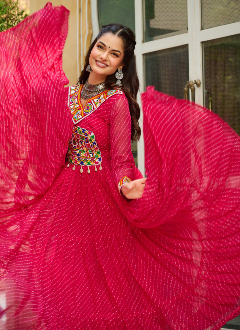 Laheriya Printed Gamthi Work Georgette Pink Gown