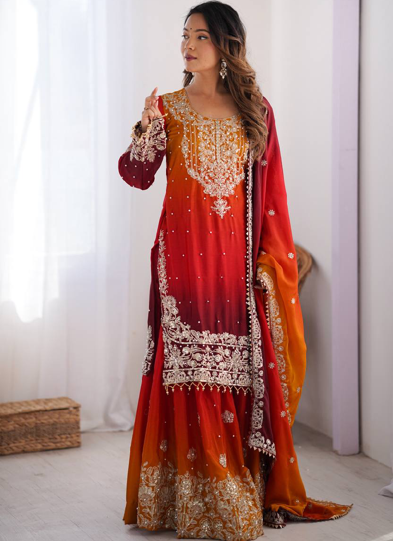 Red Coding Embroidered Work Silk Salwar Kameez For Women