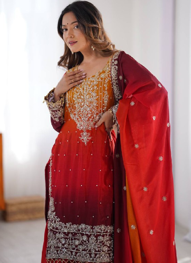 Red Coding Embroidered Work Silk Salwar Kameez For Women