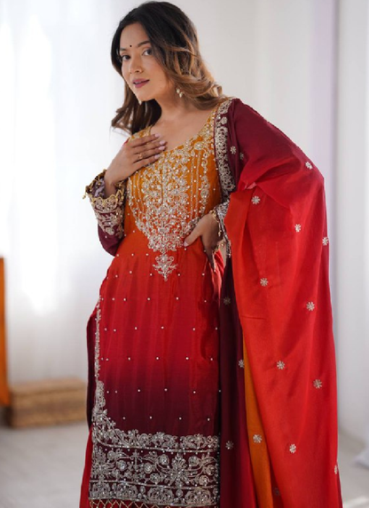 Red Coding Embroidered Work Silk Salwar Kameez For Women