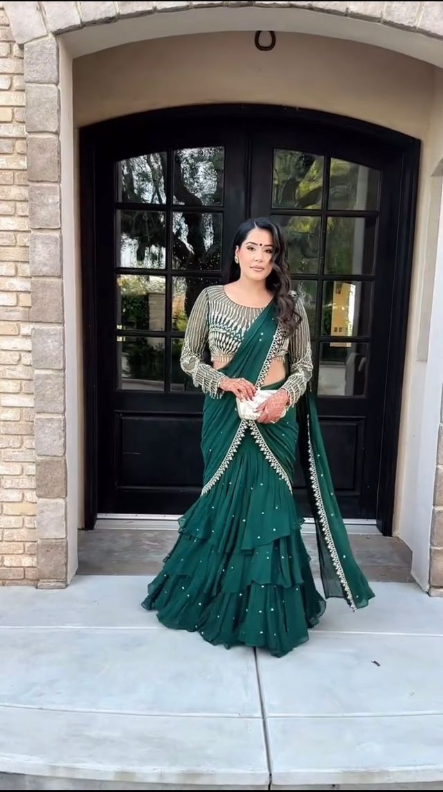 Dark green foux georgette thread with sequence with border raday to wear lehenga saree