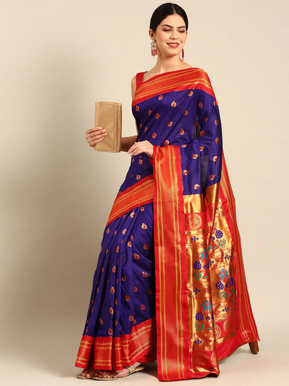 Paithani Saree Silk Blend | Big Peacock Meena Butti | Party Wear