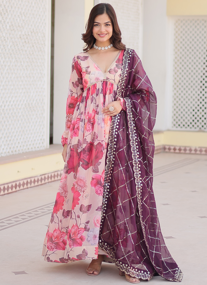 Digital Printed Silk Off White Anarkali Gown With Dupatta